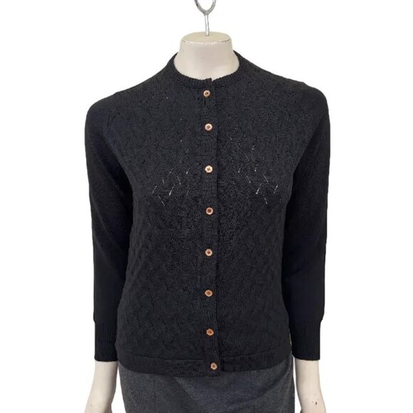 VTG GIVENCHY SPORT Zigzag Pointelle Knit Button Front Cardigan in Black SZ 6 - Picture 1 of 8